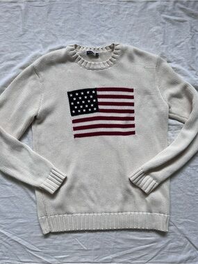 Brandy Melville Cream Sweater with Red and Navy Flag
